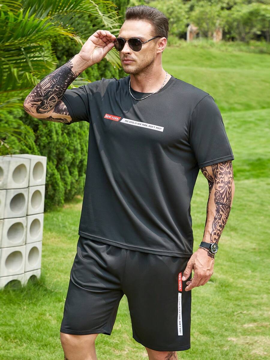 Manfinity Homme Bộ hai mảnh Nam Túi Dây kéo Slogan Giải trí - màu đen - Xem 1