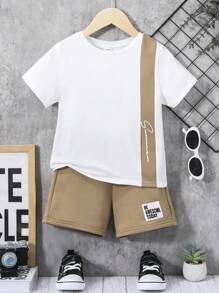 SHEIN 小男童字母圖案T恤和短褲 - 彩色 - 查看 1