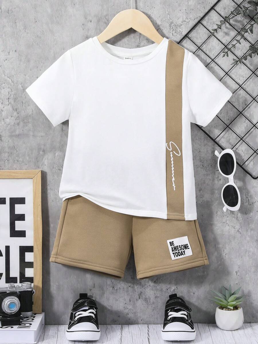 SHEIN 小男童字母圖案T恤和短褲 - 彩色 - 查看 1
