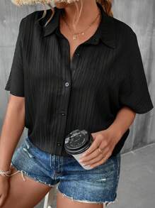 SHEIN Unity Áo sơ mi Plus Size Nút phía trước màu trơn Giải trí - màu đen - Xem 1