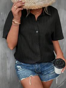 SHEIN Unity Áo sơ mi Plus Size Nút phía trước màu trơn Giải trí - màu đen - Xem 3