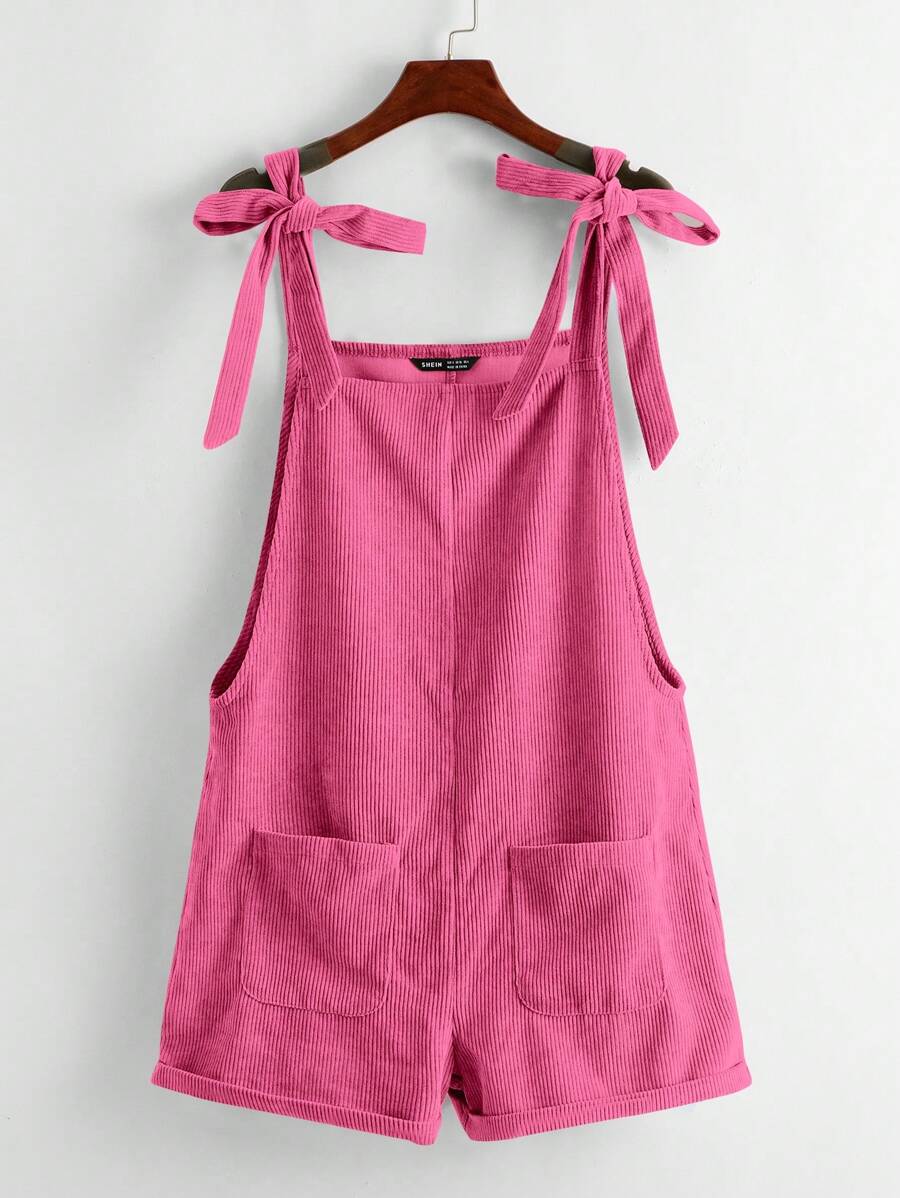 SHEIN EZwear Knot Shoulder Patch Pocket Roll Hem Overall Romper - Pink - View 1