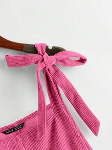 SHEIN EZwear Knot Shoulder Patch Pocket Roll Hem Overall Romper - Pink - View 4