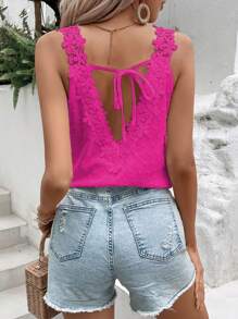 Breezaya 拼接水溶蕾絲後綁帶襯衫 - 玫紅色 - 查看 1