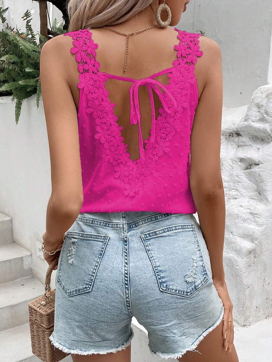 Breezaya 拼接水溶蕾絲後綁帶襯衫 - 玫紅色 - 查看 1