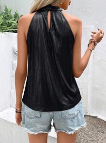 SHEIN LUNE 後鎖孔繞頸金屬質感掛脖上衣 - 黑色 - 查看 2