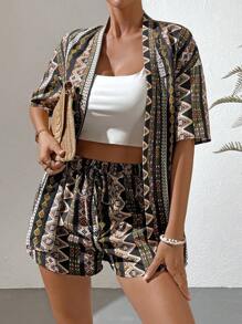 SHEIN VCAY 幾何印花落肩袖和服罩衫和短褲 - 彩色 - 查看 4