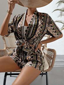 SHEIN VCAY 幾何印花落肩袖和服罩衫和短褲 - 彩色 - 查看 6