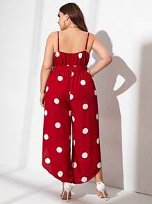 SHEIN LUNE 大碼波點圖案腰帶吊帶連體褲 - 紅色 - 查看 3