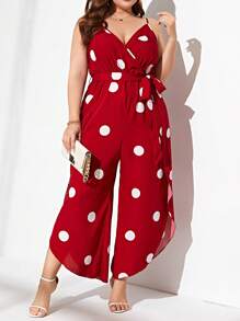 SHEIN LUNE 大碼波點圖案腰帶吊帶連體褲 - 紅色 - 查看 4