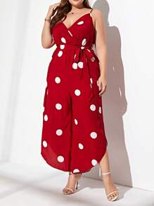 SHEIN LUNE 大碼波點圖案腰帶吊帶連體褲 - 紅色 - 查看 5