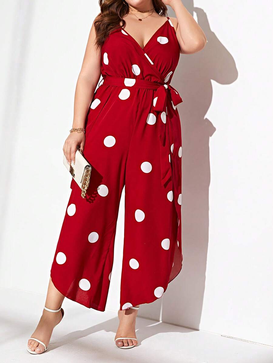 SHEIN LUNE 大碼波點圖案腰帶吊帶連體褲 - 紅色 - 查看 1