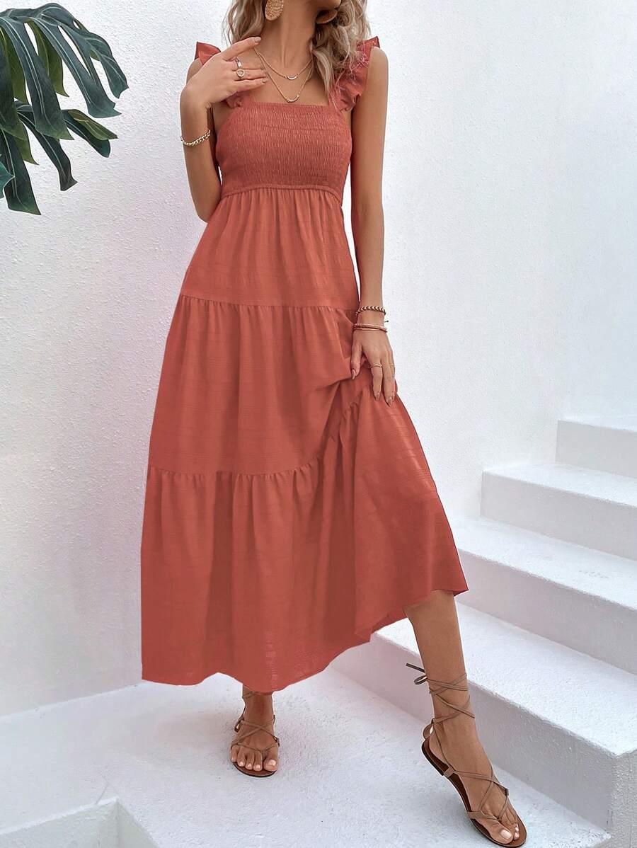 Breezaya Vestido largo de volantes de un solo color para vacaciones y playa para mujeres