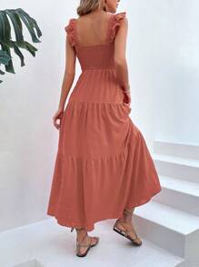 Breezaya Vestido largo de volantes de un solo color para vacaciones y playa para mujeres