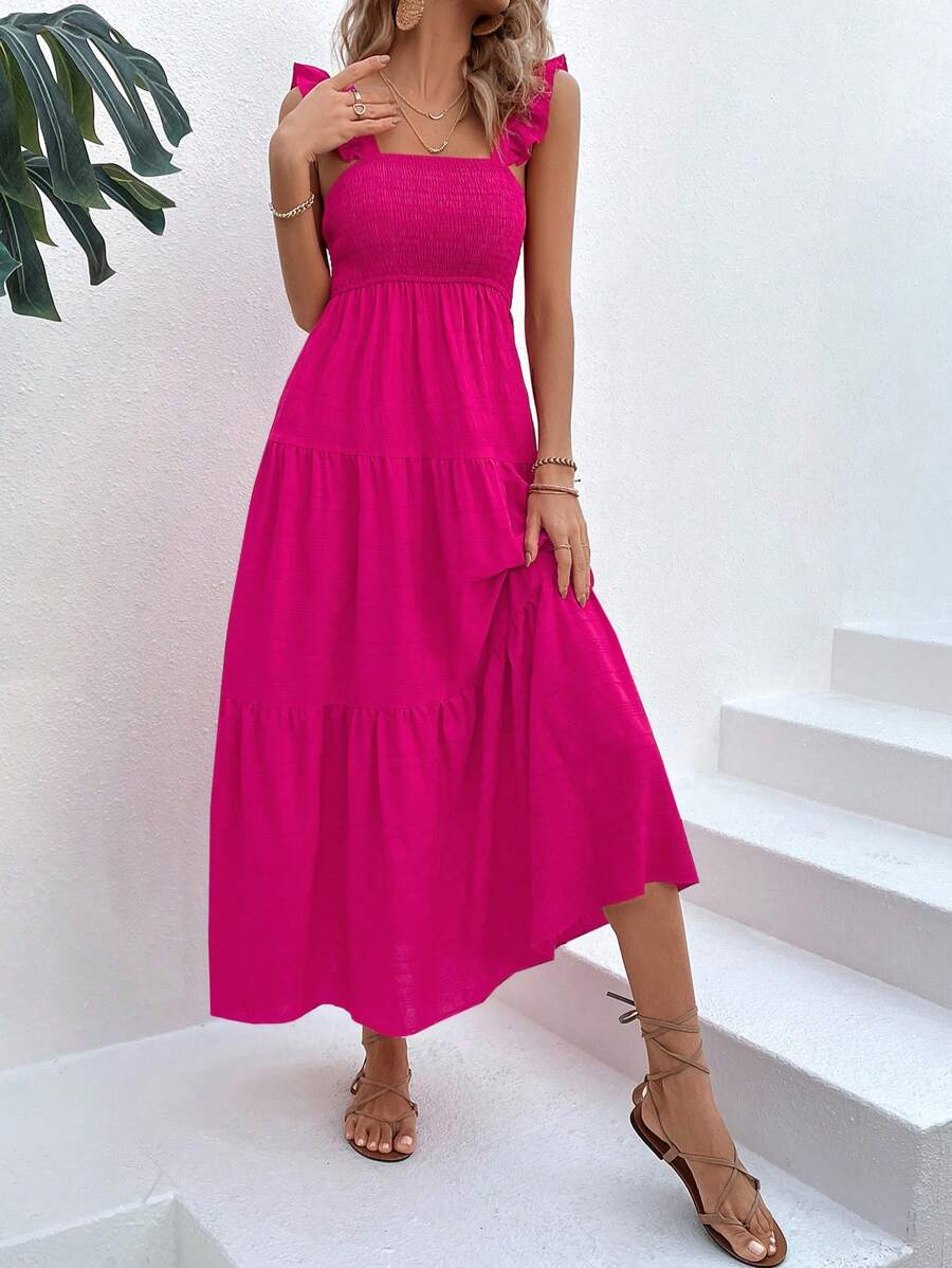 Breezaya Solid Ruffle Hem A Line Dress Maxi Vacation Beach Outfits Women - Hot Pink - View 1