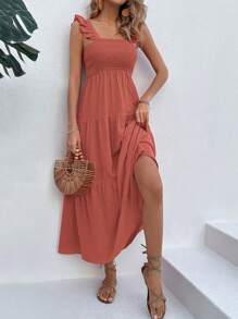 Breezaya Vestido largo de volantes de un solo color para vacaciones y playa para mujeres