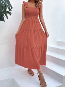 Breezaya Vestido largo de volantes de un solo color para vacaciones y playa para mujeres