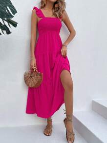 Breezaya Vestido de línea A hasta los tobillos con volantes en el bajo, vestimenta de vacaciones y playa para mujeres