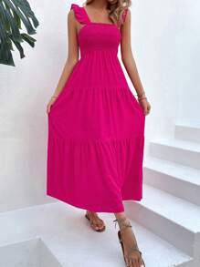 Breezaya Vestido de línea A hasta los tobillos con volantes en el bajo, vestimenta de vacaciones y playa para mujeres