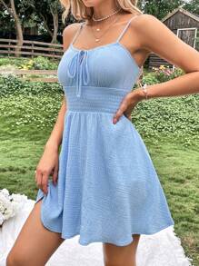 Soleia Tie Front Milkmaid Cami Dress - Blue - View 5