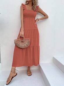 Breezaya Vestido largo de volantes de un solo color para vacaciones y playa para mujeres