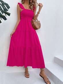 Breezaya Vestido de línea A hasta los tobillos con volantes en el bajo, vestimenta de vacaciones y playa para mujeres