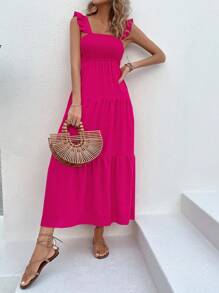 Breezaya Vestido de línea A hasta los tobillos con volantes en el bajo, vestimenta de vacaciones y playa para mujeres