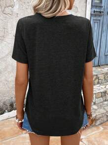 SHEIN LUNE Summer Women's Solid Color V-Neck Short Sleeve T-Shirt,Casual - Black - View 2