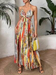 SHEIN VCAY Allover Print Tie Backless Split Thigh Halter Dress - Multicolor - View 5