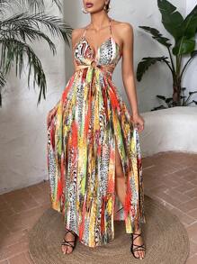 SHEIN VCAY Allover Print Tie Backless Split Thigh Halter Dress - Multicolor - View 6