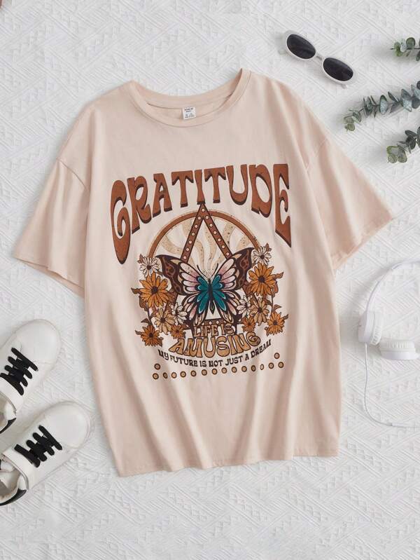 SHEIN Teen Girls Butterfly & Slogan Graphic Drop Shoulder Tee