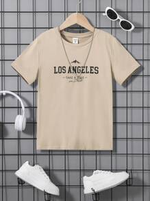 SHEIN Tween Boy 休闲字母印花图案圆领短袖针织 T 恤 - 杏色 - 查看 1