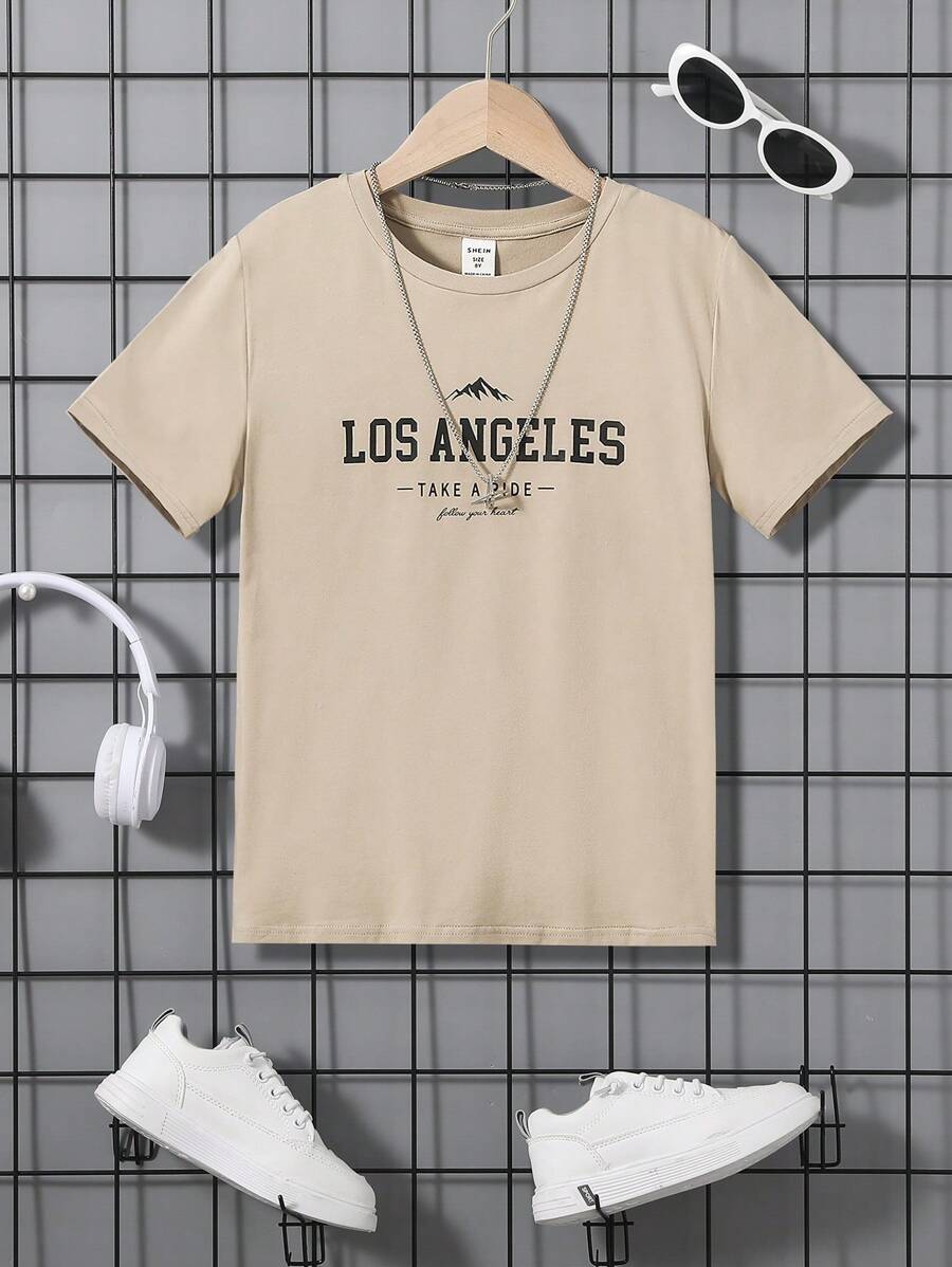 SHEIN Tween Boy 休闲字母印花图案圆领短袖针织 T 恤 - 杏色 - 查看 1