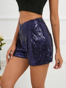 Allurite Fold Pleated Detail Sequin Shorts - Navy Blue - View 4