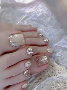 24入組短款方形閃爍鑽石贗品腳趾甲和1支腳趾甲修整文件& 1張膠帶壓力指甲，提升你的造型，指甲用品 - 彩色 - 查看 4