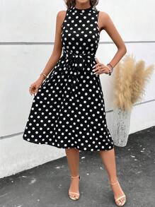 SHEIN Clasi Summer Vacation Outfits Polka Dot Print Belted Dress,Polka Dot Dress - Black and White - View 4