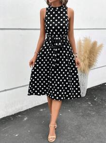 SHEIN Clasi Summer Vacation Outfits Polka Dot Print Belted Dress,Polka Dot Dress - Black and White - View 5