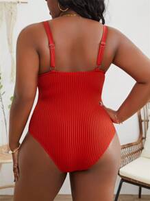 SHEIN Swim Curve Summer Beach Plus Solid Ruched Waist One Piece Swimsuit - Red - View 2