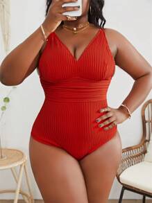 SHEIN Swim Curve Summer Beach Plus Solid Ruched Waist One Piece Swimsuit - Red - View 3