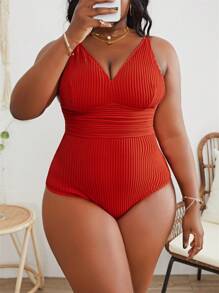 SHEIN Swim Curve Summer Beach Plus Solid Ruched Waist One Piece Swimsuit - Red - View 4