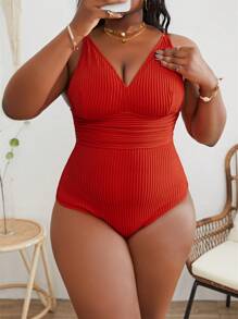 SHEIN Swim Curve Summer Beach Plus Solid Ruched Waist One Piece Swimsuit - Red - View 5