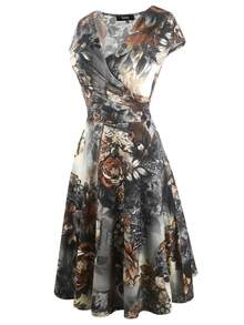 印花交疊領洋裝 - 彩色 - 查看 4