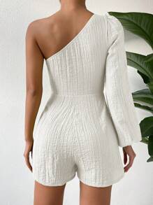SHEIN Essnce One Shoulder Lantern Sleeve Romper - Beige - View 2