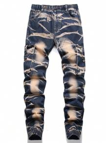 男士棉圖案印花側翻蓋口袋工裝牛仔褲