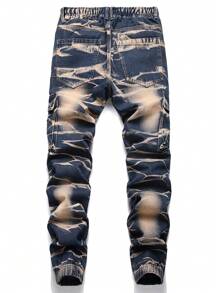 男士棉圖案印花側翻蓋口袋工裝牛仔褲