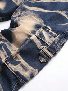 男士棉圖案印花側翻蓋口袋工裝牛仔褲