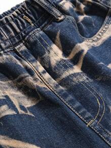 男士棉圖案印花側翻蓋口袋工裝牛仔褲