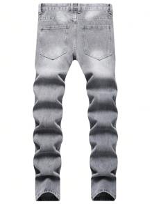 Men Ripped Frayed Bleach Wash Jeans - Grey - View 2