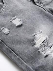 Men Ripped Frayed Bleach Wash Jeans - Grey - View 3