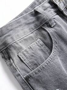 Men Ripped Frayed Bleach Wash Jeans - Grey - View 5